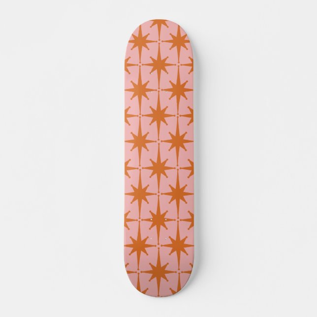 Retro Midcentury Starbursts Pattern Pink & Orange Skateboard (Front)