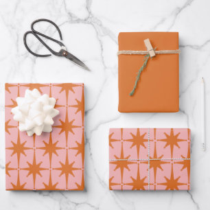 Retro Midcentury Starbursts Pattern Pink & Orange  Wrapping Paper Sheet