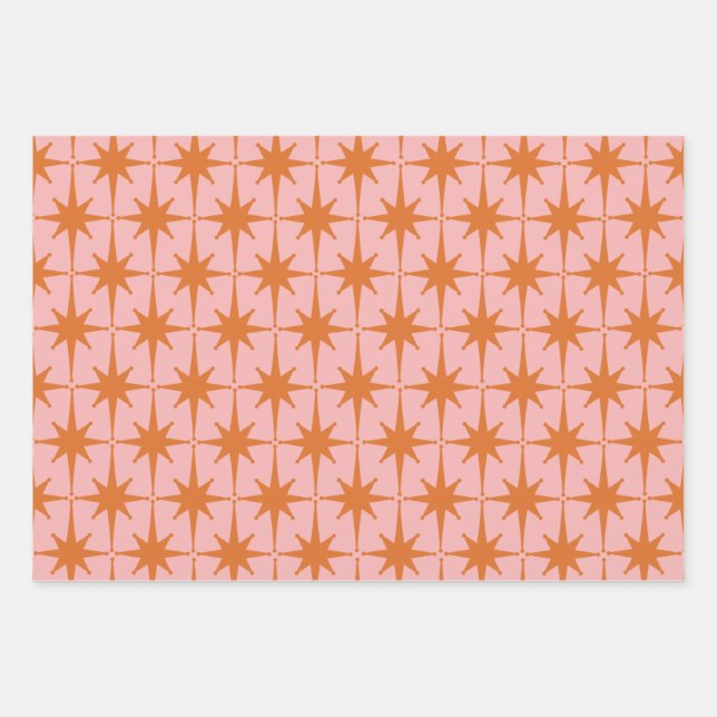 Retro Midcentury Starbursts Pattern Pink & Orange Wrapping Paper Sheet (Front 2)