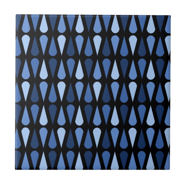 Retro Midcentury Teardrops Black Blue Ceramic Tile (Front)