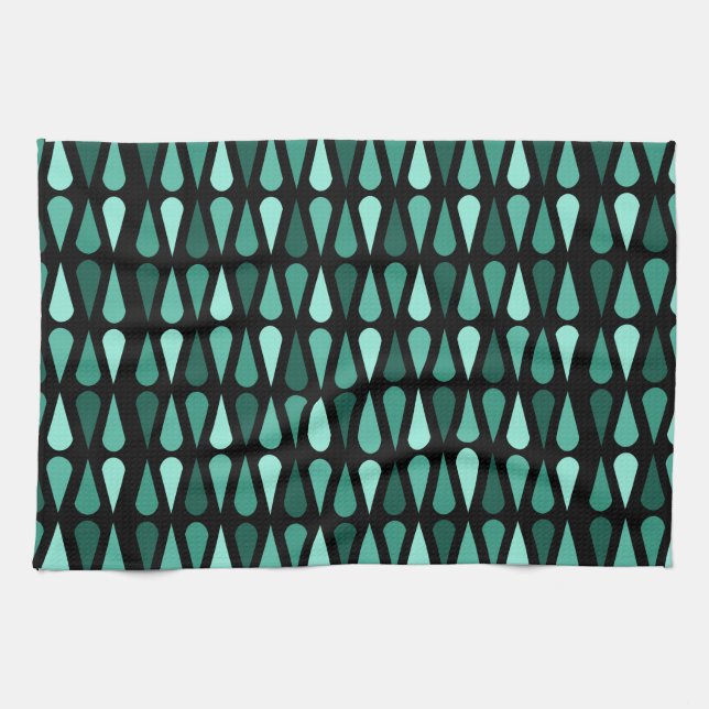 Retro Midcentury Teardrops Black Turquoise Tea Towel (Horizontal)