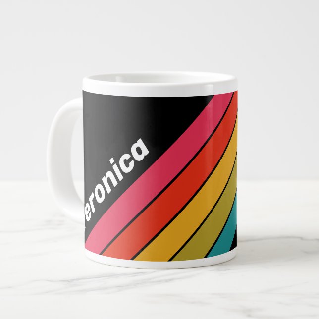 Retro Midnight Rainbow Striped with Name Large Coffee Mug (Front Left)