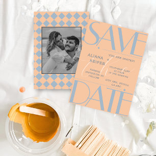 Retro Minimal Checkered Pattern Peach Wedding Save The Date