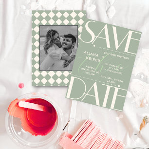Retro Minimal Chequered Pattern Green Wedding Save The Date