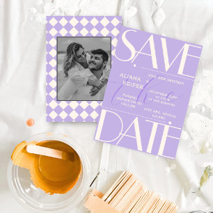 Retro Minimal Chequered Pattern Purple Wedding  Save The Date