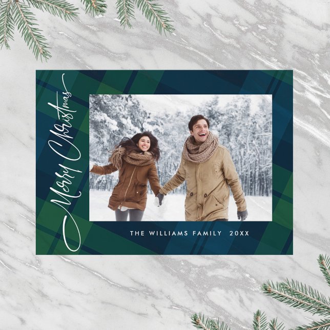 Retro Minimal Christmas Plaid PHOTO Magnetic Card (Creator Uploaded)