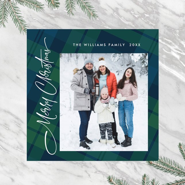 Retro Minimal Christmas Plaid PHOTO Magnetic Card (Creator Uploaded)