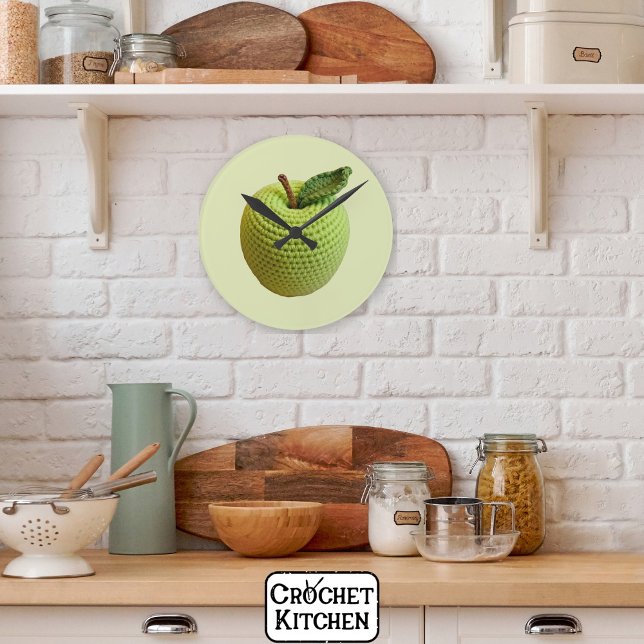 Retro Minimal Handmade Craft Green Crochet Apple   Round Clock (Creator Uploaded)