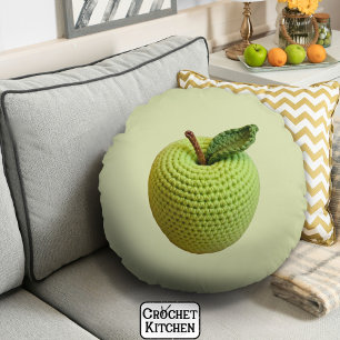 Retro Minimal Handmade Craft Green Crochet Apple Round Cushion