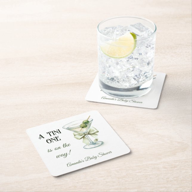 Retro Minimalist A Tini One Martini Baby Shower Square Paper Coaster (Insitu)