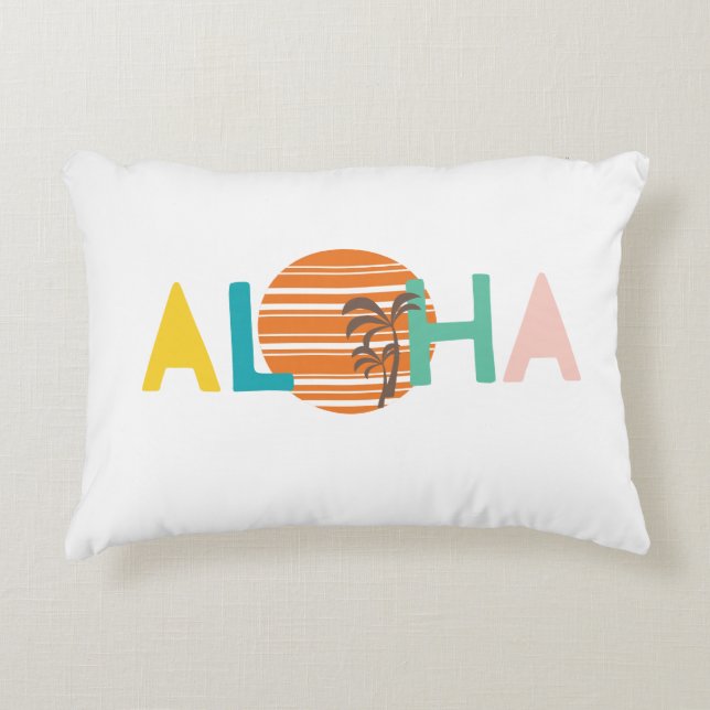 Retro, Minimalist "Aloha"Hawaii Sunset Palm Tree Decorative Cushion (Front)