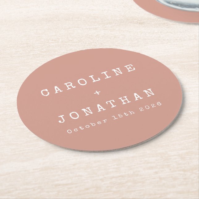 Retro Minimalist Dusty Rose Typewriter Wedding Round Paper Coaster (Angled)