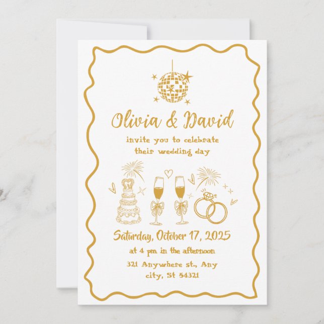 Retro minimalist hand drawn white,gold Wedding Invitation (Front)
