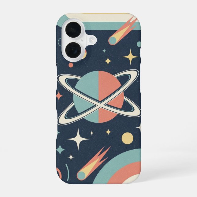 Retro Minimalist Planet with Rings iPhone 16 Case (Back)