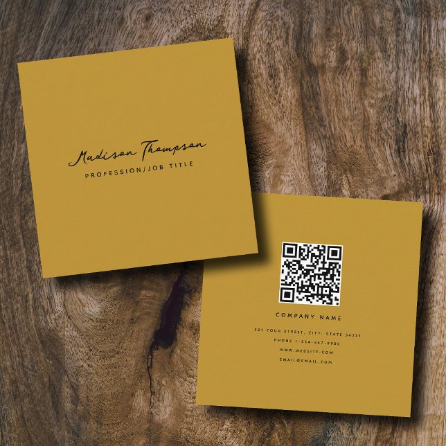 Retro Minimalist Signature Script QR Code Mustard Square Business Card (Creator Uploaded)