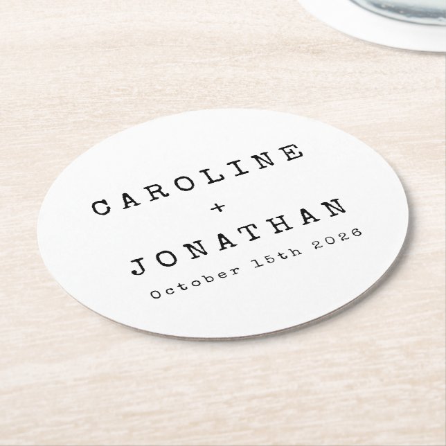 Retro Minimalist White Typewriter Custom Wedding Round Paper Coaster (Angled)