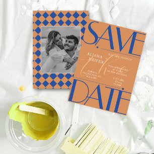 Retro Minimalistic Checkered Pattern Blue Wedding Save The Date