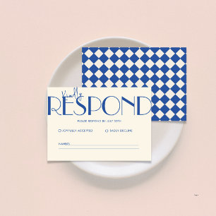 Retro Minimalistic Chequered Pattern Blue Wedding  RSVP Card