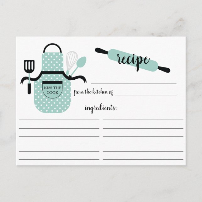 Retro Mint Apron Kitchen Tools Recipe Card (Front)