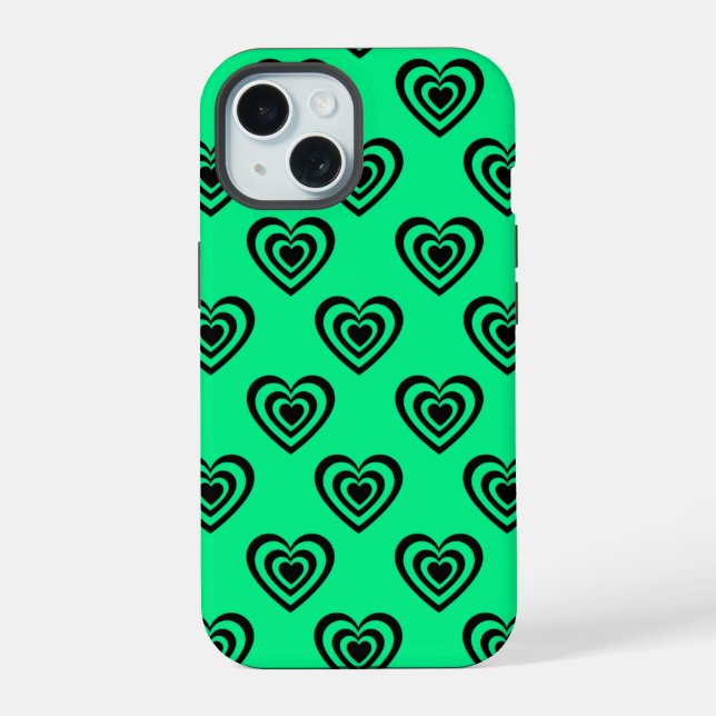 Retro Mint Green Hypnotic Heart Pattern  iPhone 15 Case (Back)