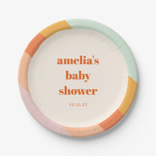 Retro Mint Orange Boho Stripes Custom Baby Shower Paper Plate