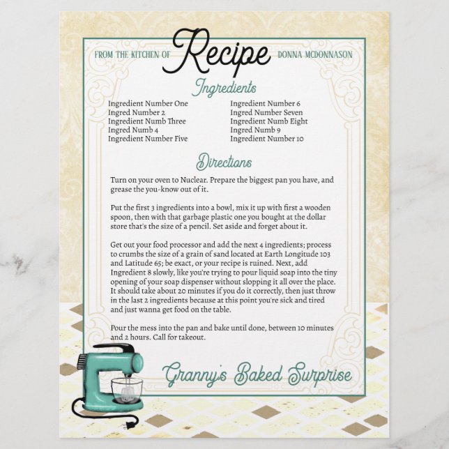 Retro mint stand mixer cookbook recipe letterhead (Front)
