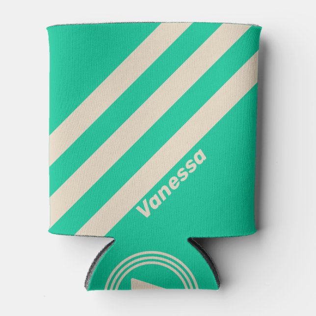 Retro Mint Three Stripes with Name Can Cooler (Front)