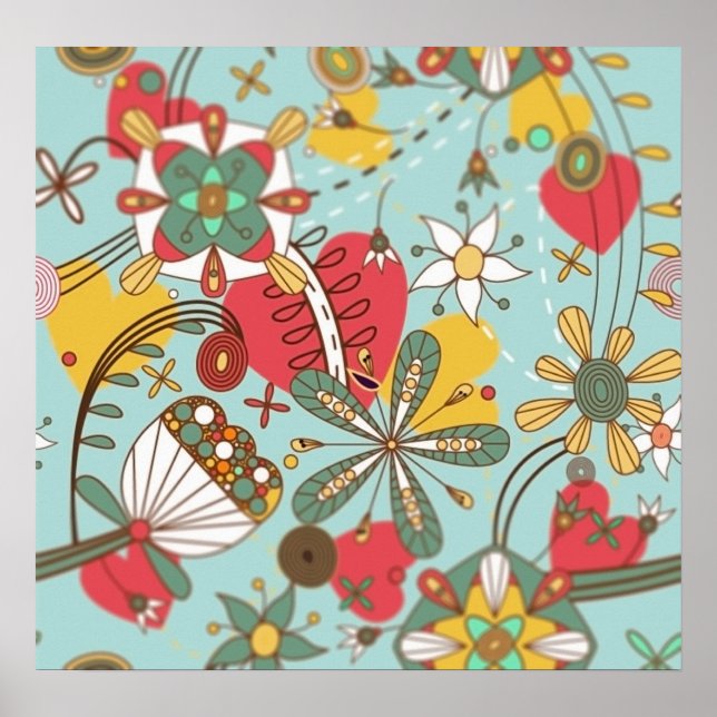 RETRO MIX FLOWERS HEARTS LOVE HIPPIE WALLPAPER TEM POSTER (Front)