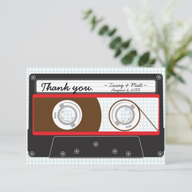 Retro Mixtape Wedding Red, Black & White Thank You Card (Standing Front)