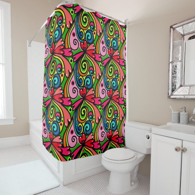 Retro Mod 70's Flower Power Fun Colourful Kids Shower Curtain (In Situ)