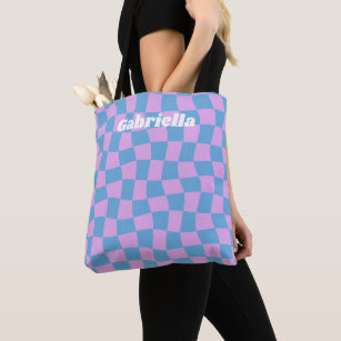 Retro Mod Abstract Chequerboard Blue Purple Name Tote Bag