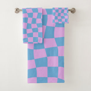 Retro Mod Abstract Chequerboard in Blue and Purple Bath Towel Set