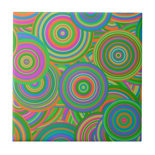 Retro mod abstract circles,Green and Orange-red Ceramic Tile (Front)