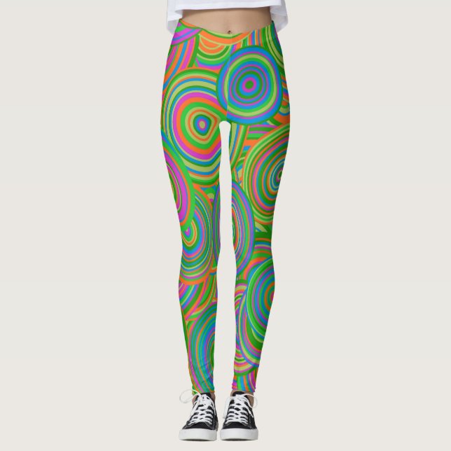 Retro mod abstract circles,Green and Orange-red Leggings (Front)