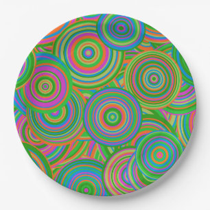 Retro mod abstract circles,Green and Orange-red Paper Plate