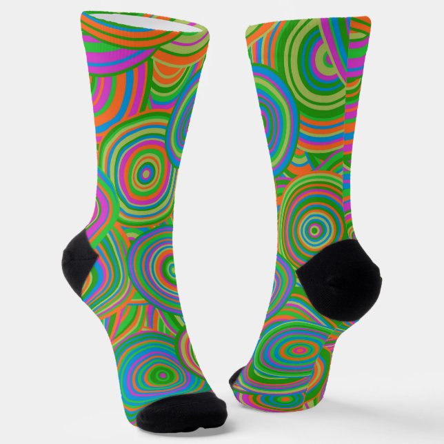 Retro mod abstract circles,Green and Orange-red Socks (Angled)