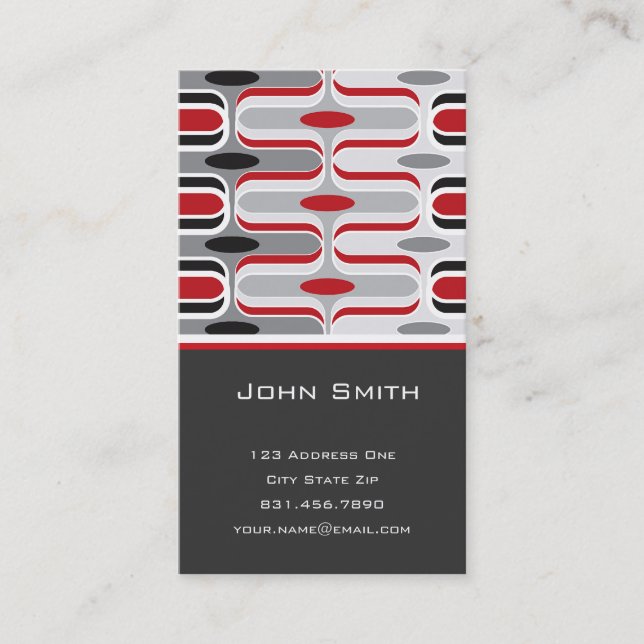 Retro Mod Art Deco Zig Zag Funky Pattern Red Black Business Card (Front)