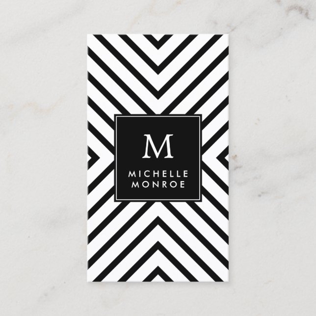 Retro Mod Black and White Pattern Bold Monogram Business Card (Front)
