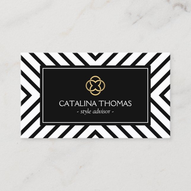 Retro Mod Black and White Pattern Gold Clover Logo Business Card (Front)