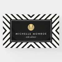 Retro Mod Black and White Pattern Gold Monogram