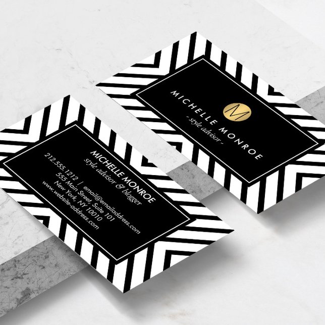 Retro Mod Black and White Pattern Gold Monogram II Business Card (Creator Uploaded)
