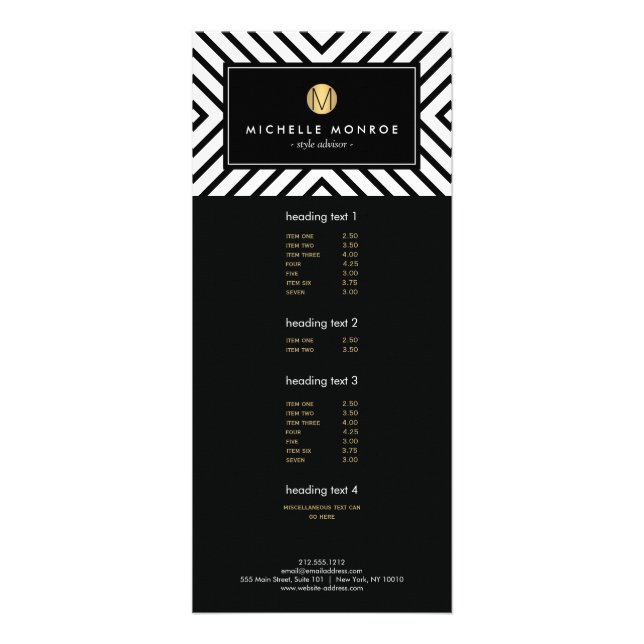 Retro Mod Black and White Pattern Gold Monogram Rack Card (Front)