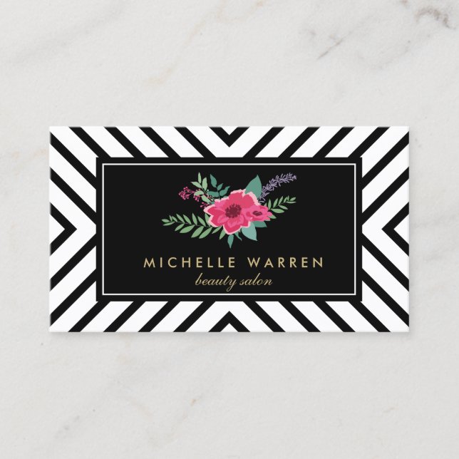 Retro Mod Black and White Pattern Pink Flowers Business Card (Front)
