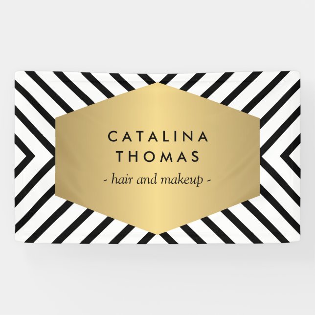 Retro Mod Black and White Pattern with Gold Emblem Banner (Horizontal)