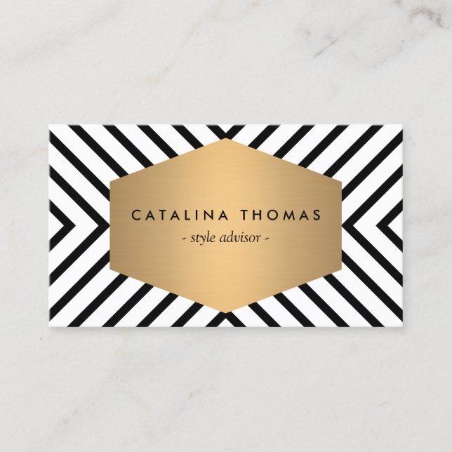 Retro Mod Black and White Pattern with Gold Emblem Business Card (Front)