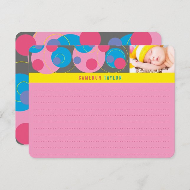 Retro Mod Bubbly Circles Dots Pink Blue Kids Photo Thank You Card (Front/Back)