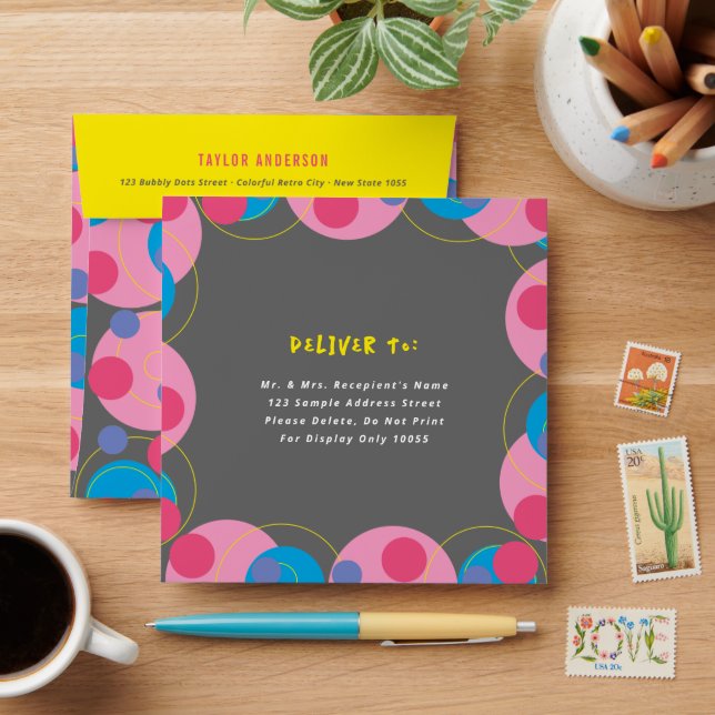 Retro Mod Bubbly Pink Blue Dots Kid's Birthday Envelopes (Desk)