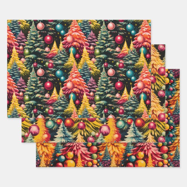 Retro Mod Christmas Tree Extravaganza Wrapping Paper Sheet (Set)