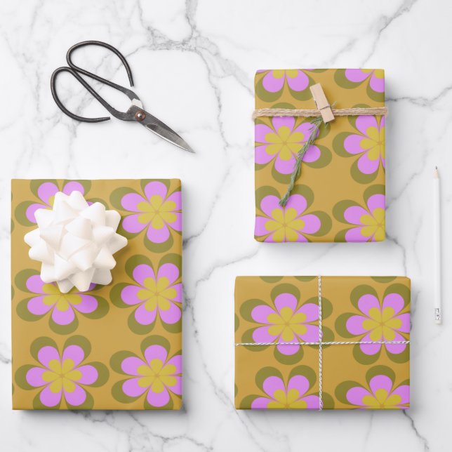 Retro Mod Flowers Pattern in Yellow and Violet Wrapping Paper Sheet (Front)