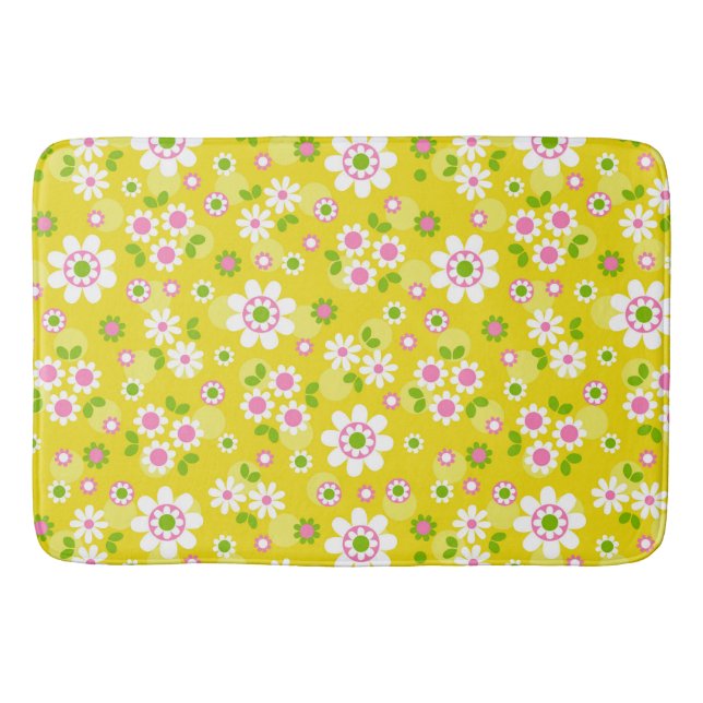 Retro Mod Flowers Yellow & White Bath Mat (Front)